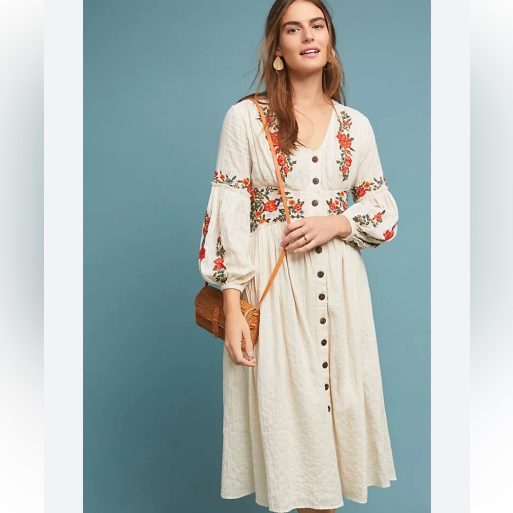Anthropologie Maeve Gracie Embroidered Button MIDI Peasant Dress